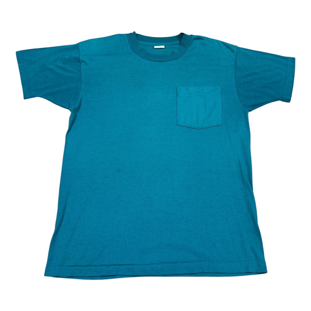Vintage 80s Fruit of the Loom Single Stitch Blank Pocket Teal Shirt Men's M FLAW